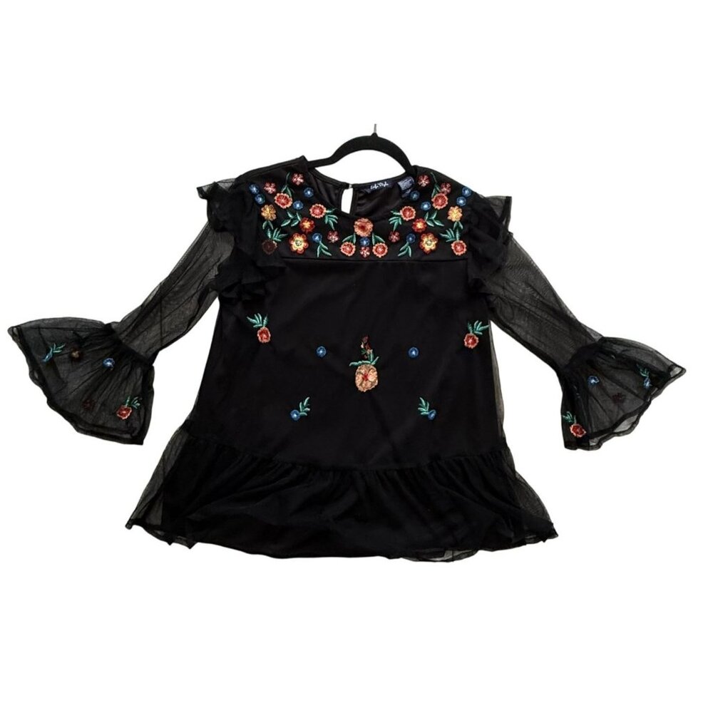 Life Style Women Black Mesh Embroidery Floral Blouse Bell Sleeve Sheer Overlay M